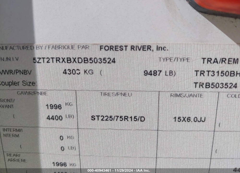 2013 PRIME TRACER EXECUTIVE 315 VIN: 5ZT2TRXBXDB503524