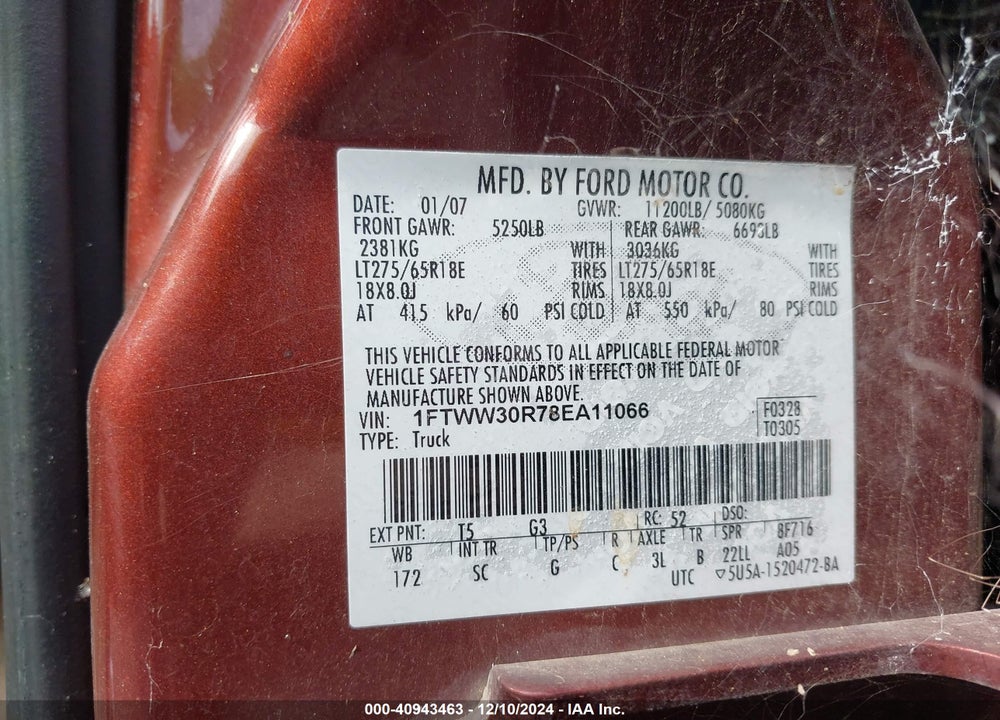 2008 FORD F-350 KING RANCH/LARIAT/XL/XLT VIN: 1FTWW30R78EA11066