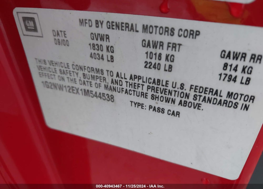 2001 PONTIAC GRAND AM GT VIN: 1G2NW12EX1M544538