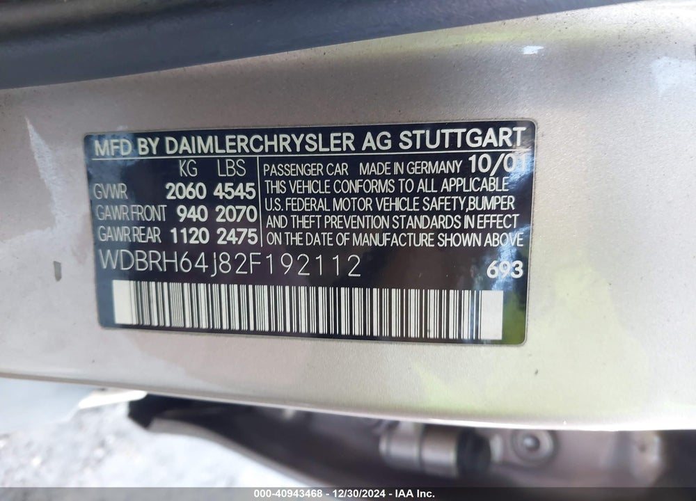 2002 MERCEDES-BENZ C 320 VIN: WDBRH64J82F192112