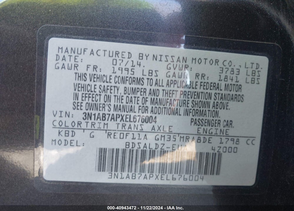 2014 NISSAN SENTRA SV VIN: 3N1AB7APXEL676004