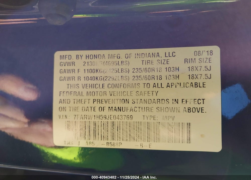 2018 HONDA CR-V EX VIN: 7FARW1H59JE043769