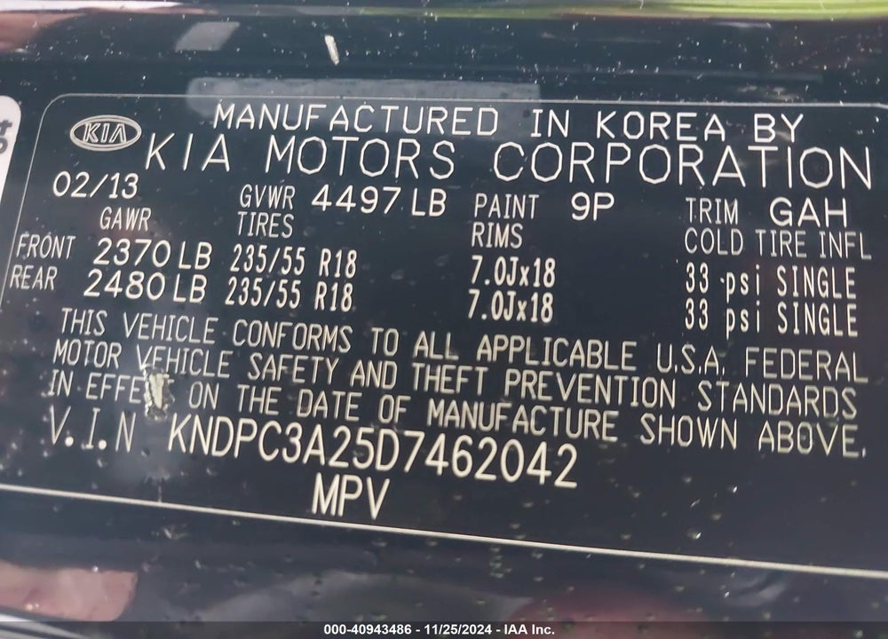 2013 KIA SPORTAGE EX VIN: KNDPC3A25D7462042