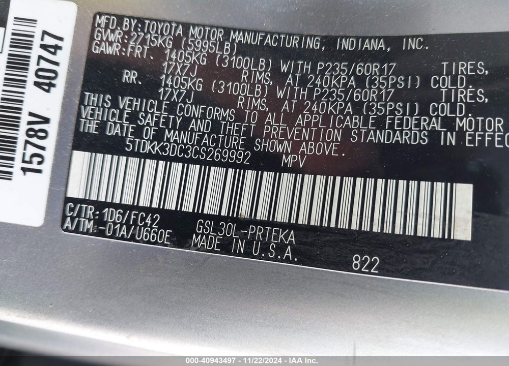 2012 TOYOTA SIENNA LE V6 8 PASSENGER VIN: 5TDKK3DC3CS269992