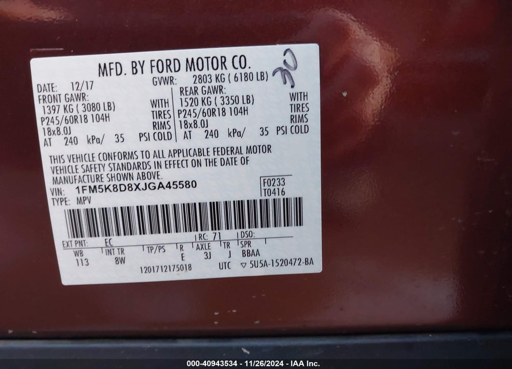 2018 FORD EXPLORER XLT VIN: 1FM5K8D8XJGA45580