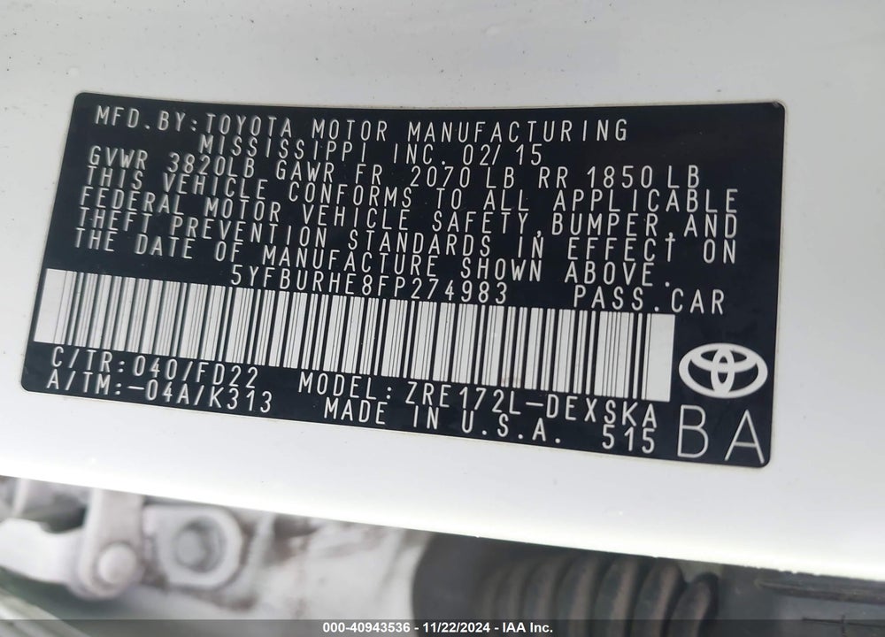 2015 TOYOTA COROLLA S PLUS VIN: 5YFBURHE8FP274983