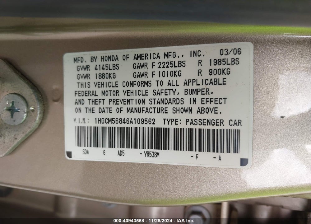 2006 HONDA ACCORD VIN: 1HGCM56846A109562