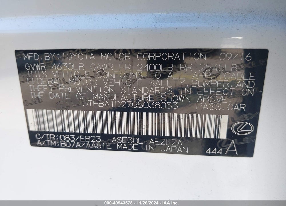2016 LEXUS IS 200T VIN: JTHBA1D27G5038053