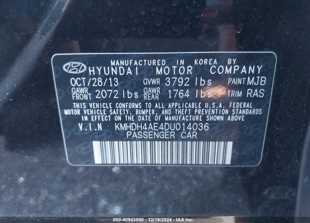 2013 HYUNDAI ELANTRA GLS VIN: KMHDH4AE4DU014036