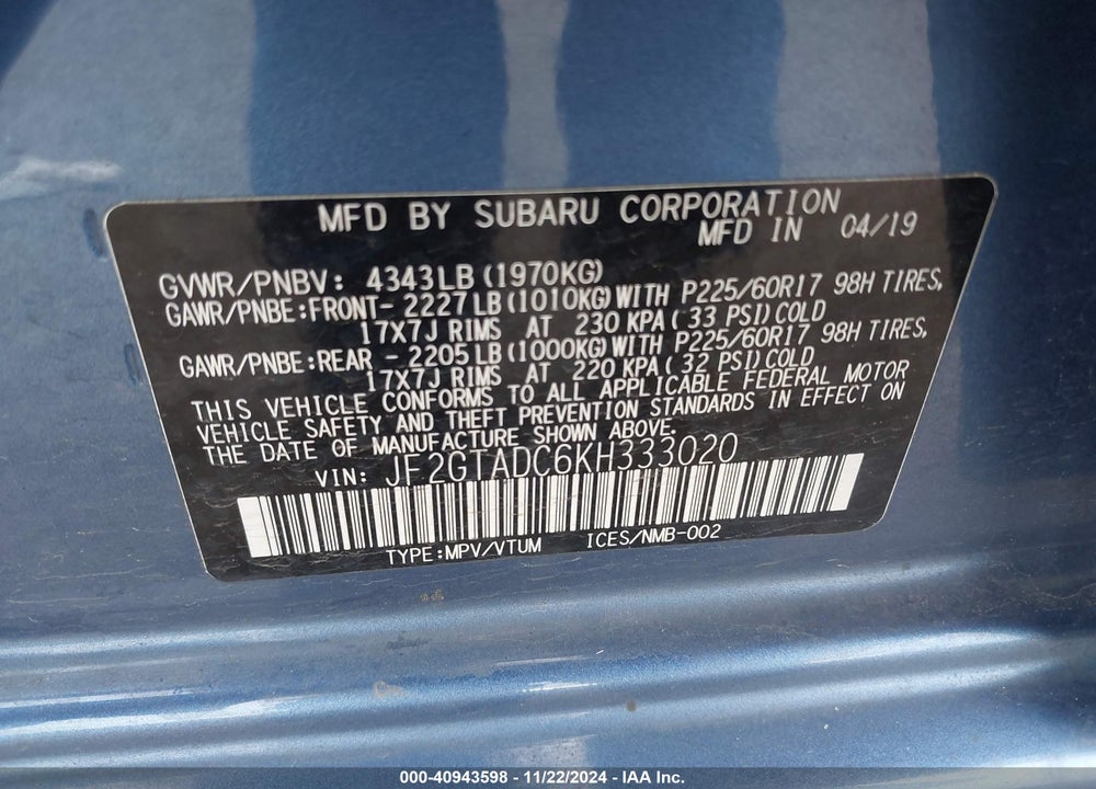 2019 SUBARU CROSSTREK 2.0I PREMIUM VIN: JF2GTADC6KH333020