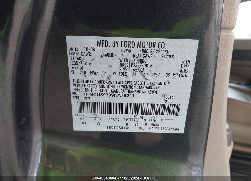 2009 FORD ESCAPE HYBRID LIMITED VIN: 1FMCU59399KA79211