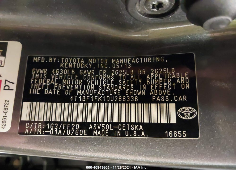 2013 TOYOTA CAMRY SE VIN: 4T1BF1FK1DU266336