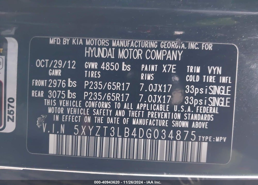 2013 HYUNDAI SANTA FE SPORT VIN: 5XYZT3LB4DG034875