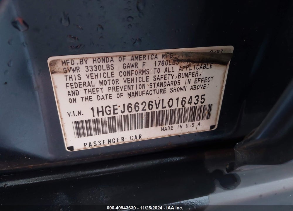 1997 HONDA CIVIC DX VIN: 1HGEJ6626VL016435