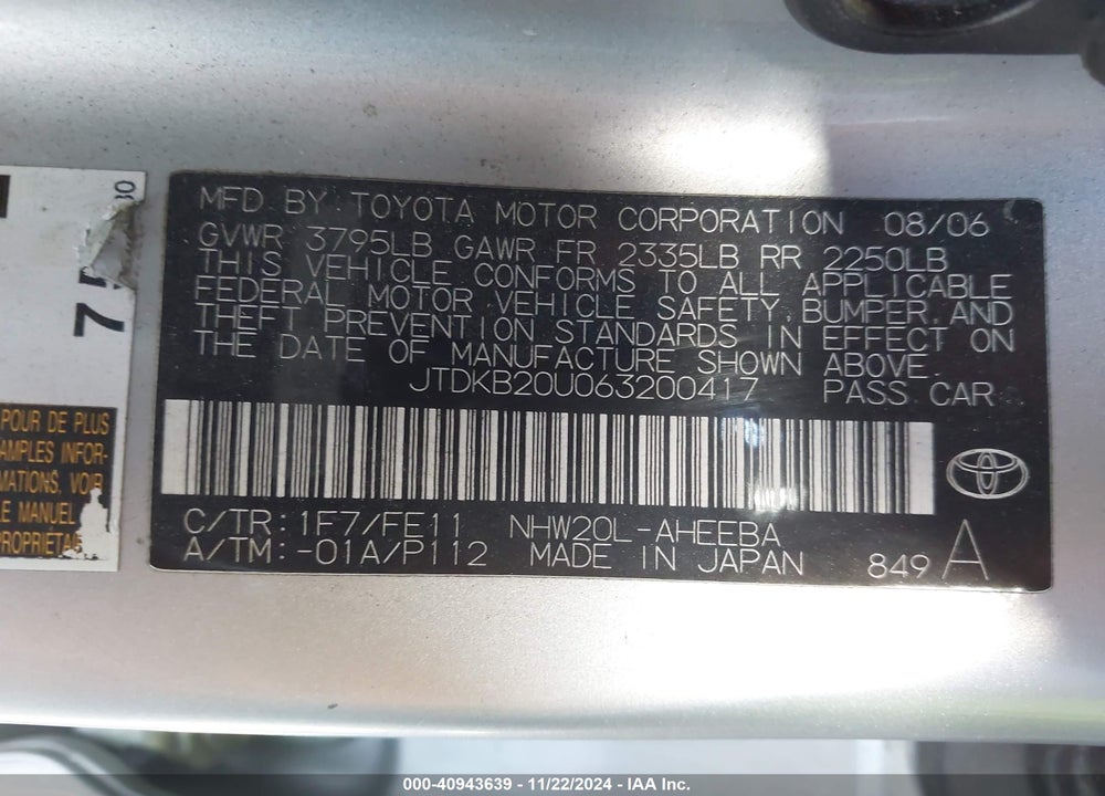 2006 TOYOTA PRIUS VIN: JTDKB20U063200417