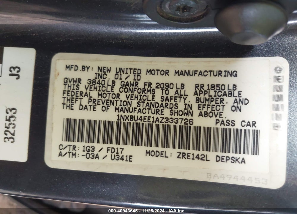 2010 TOYOTA COROLLA VIN: 1NXBU4EE1AZ333726