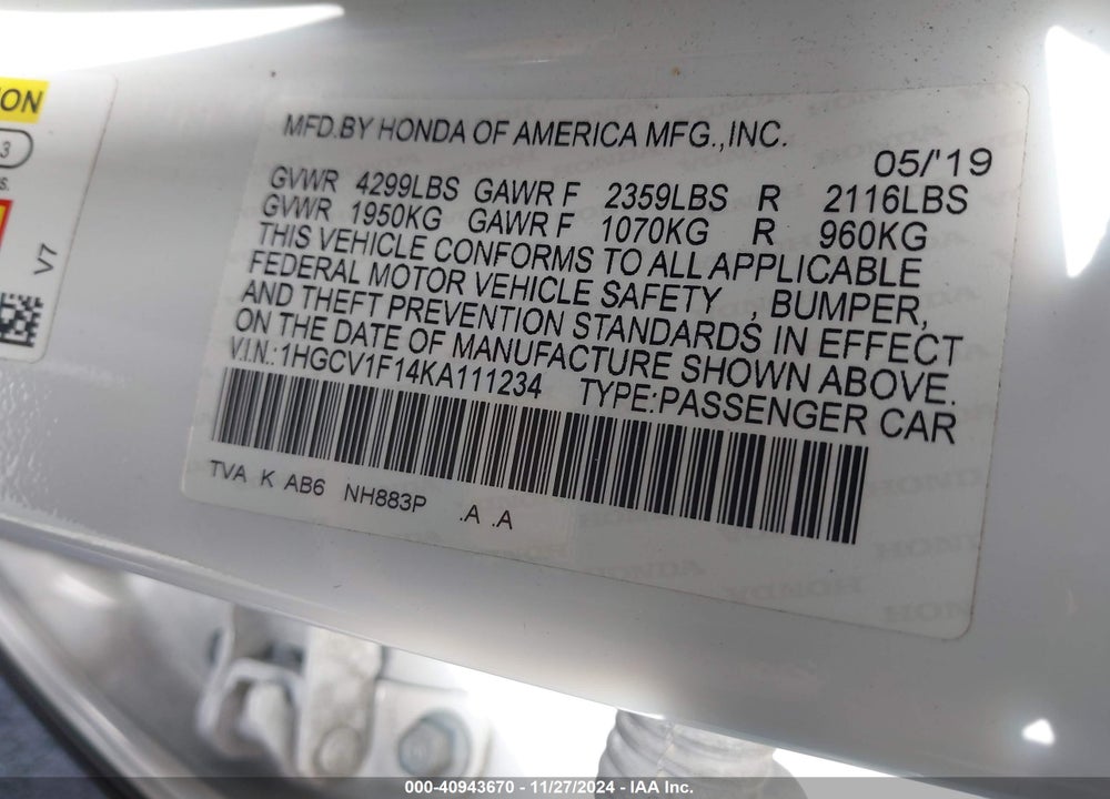 2019 HONDA ACCORD LX VIN: 1HGCV1F14KA111234