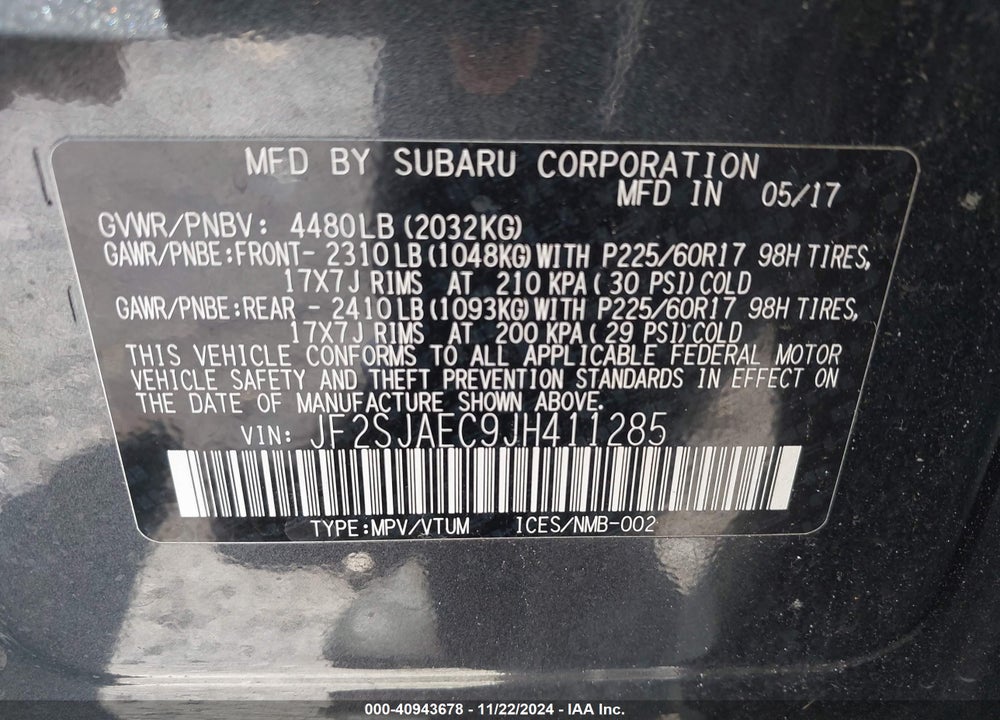 2018 SUBARU FORESTER 2.5I PREMIUM VIN: JF2SJAEC9JH411285