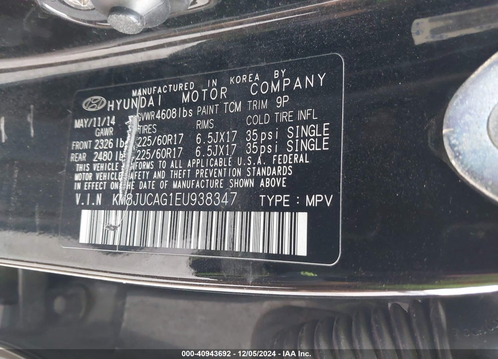 2014 HYUNDAI TUCSON WALKING DEAD EDITION VIN: KM8JUCAG1EU938347