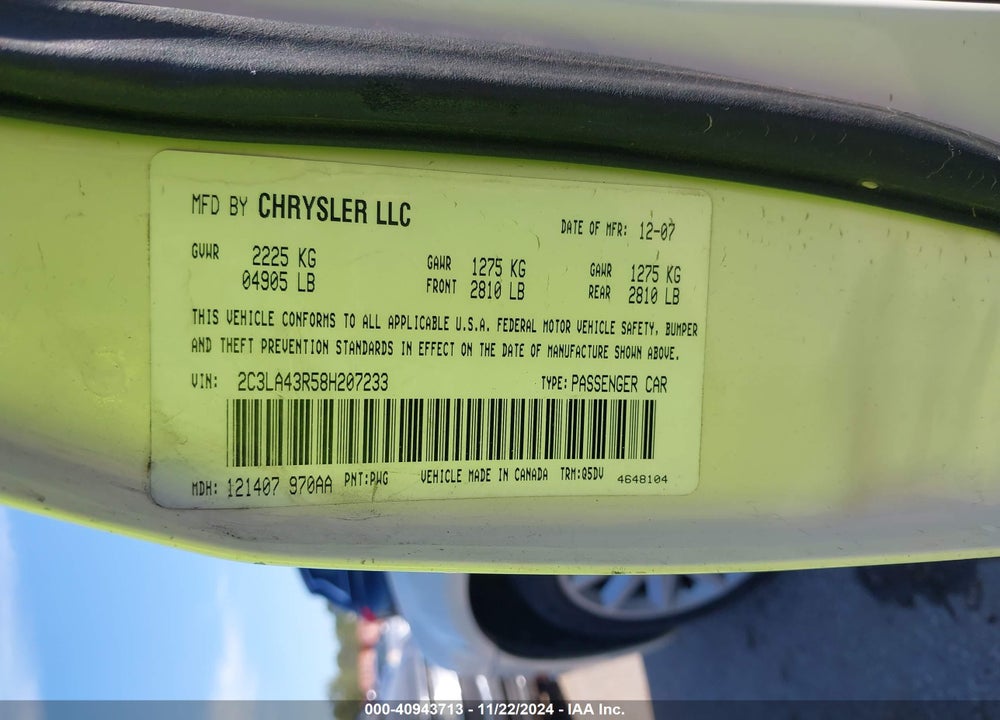 2008 CHRYSLER 300 LX VIN: 2C3LA43R58H207233
