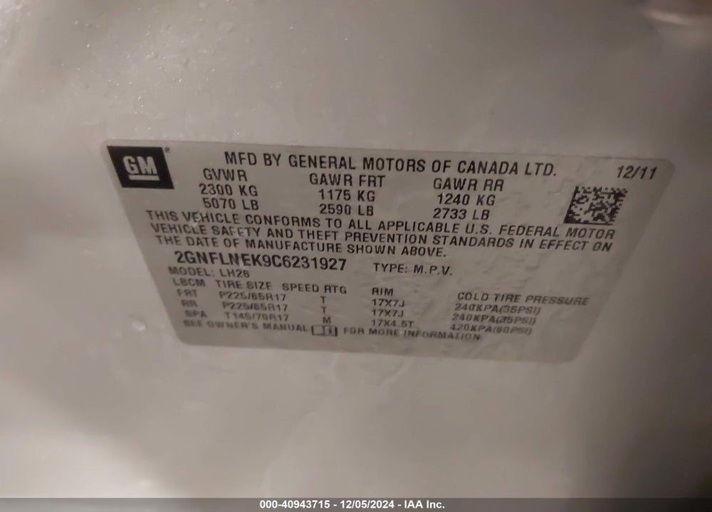 2012 CHEVROLET EQUINOX 2LT VIN: 2GNFLNEK9C6231927