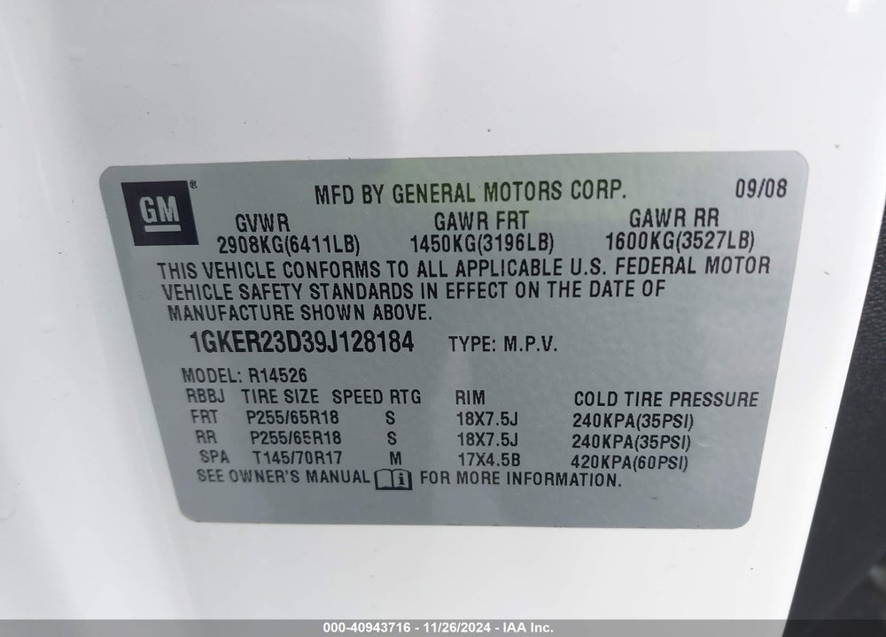 2009 GMC ACADIA SLT-1 VIN: 1GKER23D39J128184