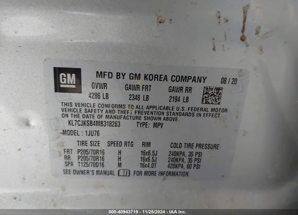 2021 CHEVROLET TRAX FWD LS VIN: KL7CJKSB4MB318263