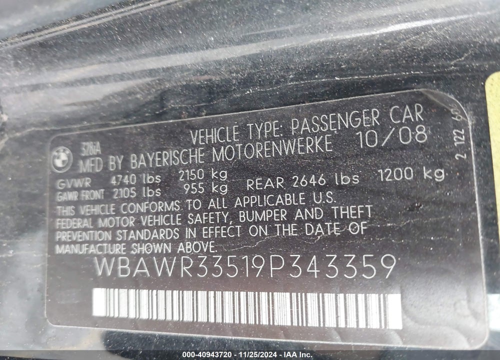 2009 BMW 328I VIN: WBAWR33519P343359