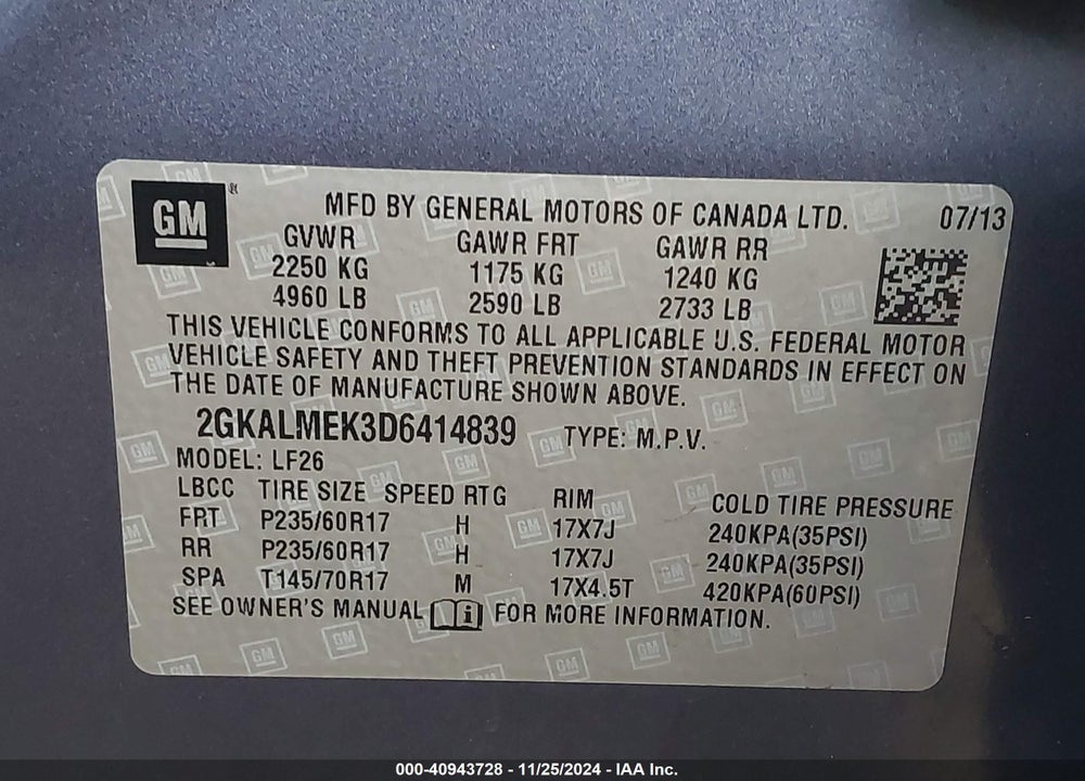 2013 GMC TERRAIN SLE-1 VIN: 2GKALMEK3D6414839