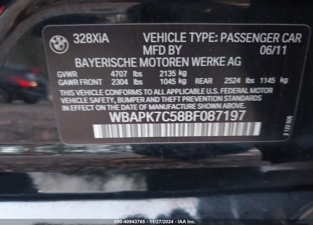 2011 BMW 328I XDRIVE VIN: WBAPK7C58BF087197