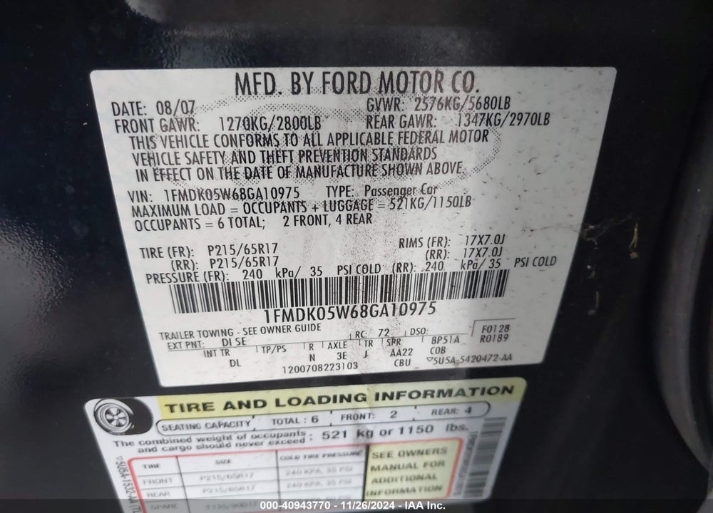 2008 FORD TAURUS X SEL VIN: 1FMDK05W68GA10975