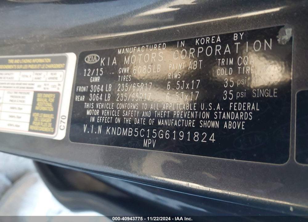 2016 KIA SEDONA LX VIN: KNDMB5C15G6191824