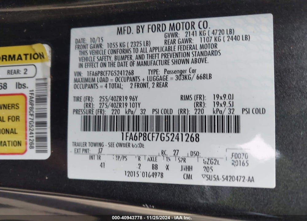 2016 FORD MUSTANG GT PREMIUM VIN: 1FA6P8CF7G5241268