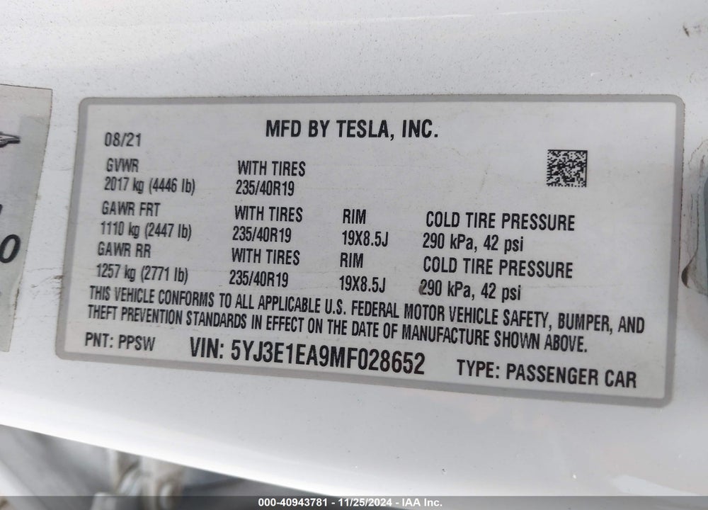 2021 TESLA MODEL 3 VIN: 5YJ3E1EA9MF028652