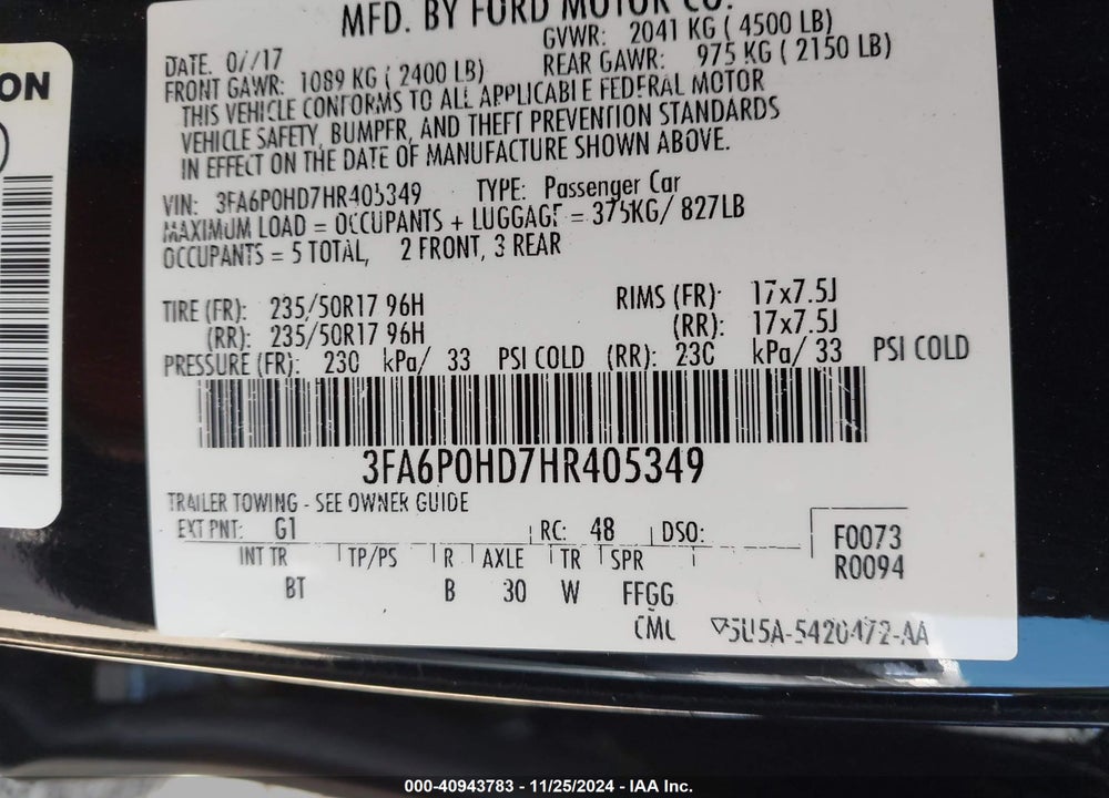 2017 FORD FUSION VIN: 3FA6P0HD7HR405349