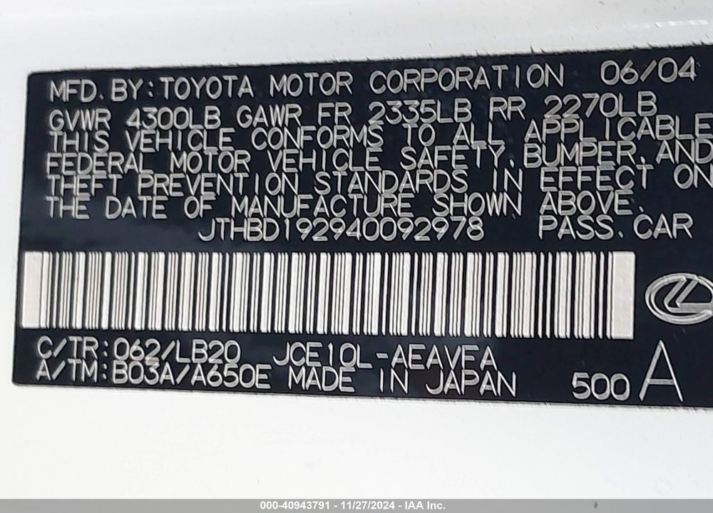2004 LEXUS IS 300 VIN: JTHBD192940092978