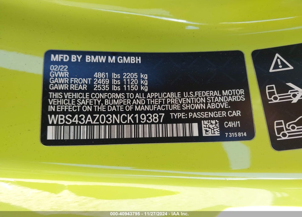 2022 BMW M4 COMPETITION XDRIVE VIN: WBS43AZ03NCK19387