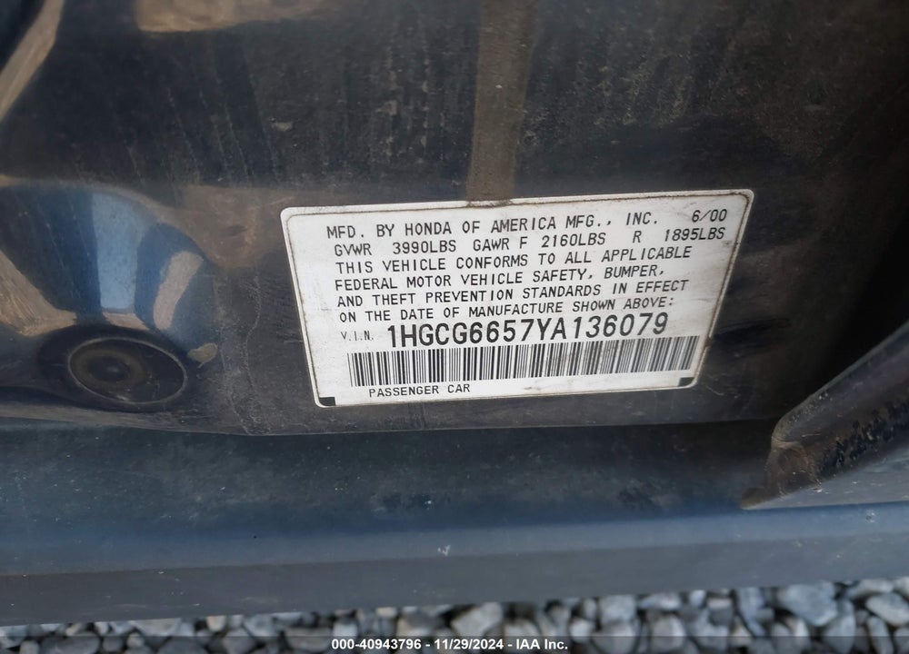 2000 HONDA ACCORD 2.3 LX VIN: 1HGCG6657YA136079