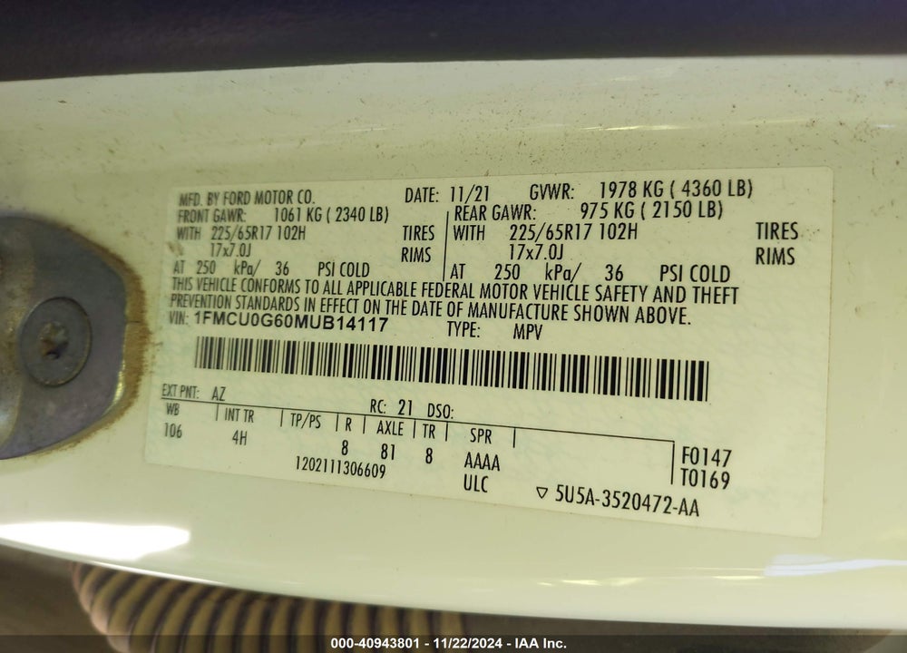 2021 FORD ESCAPE SE VIN: 1FMCU0G60MUB14117