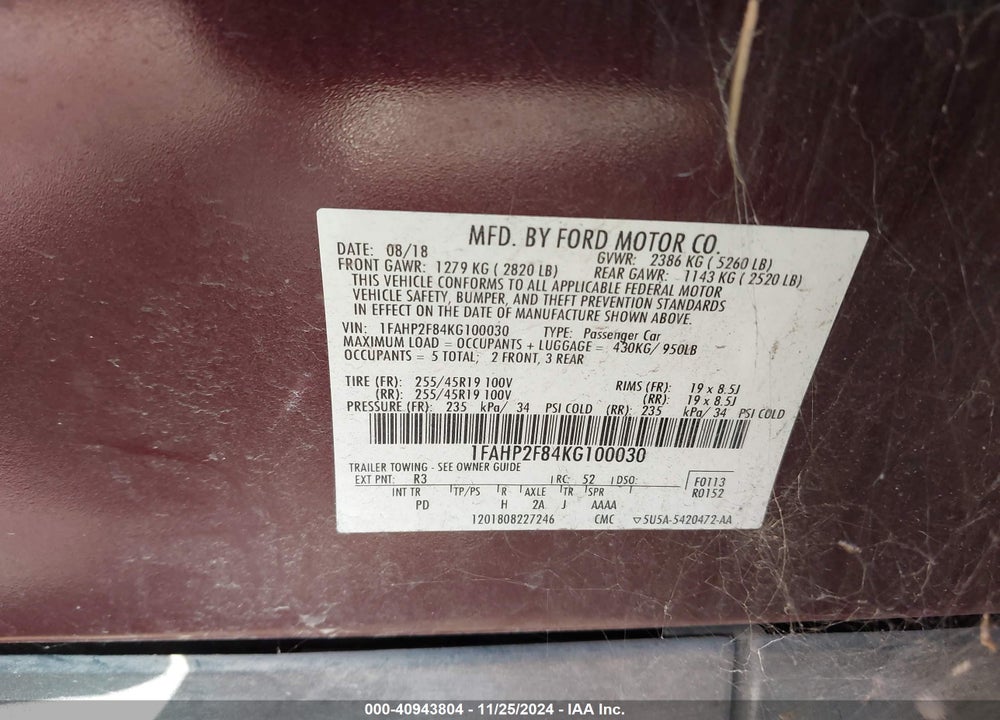 2019 FORD TAURUS LIMITED VIN: 1FAHP2F84KG100030