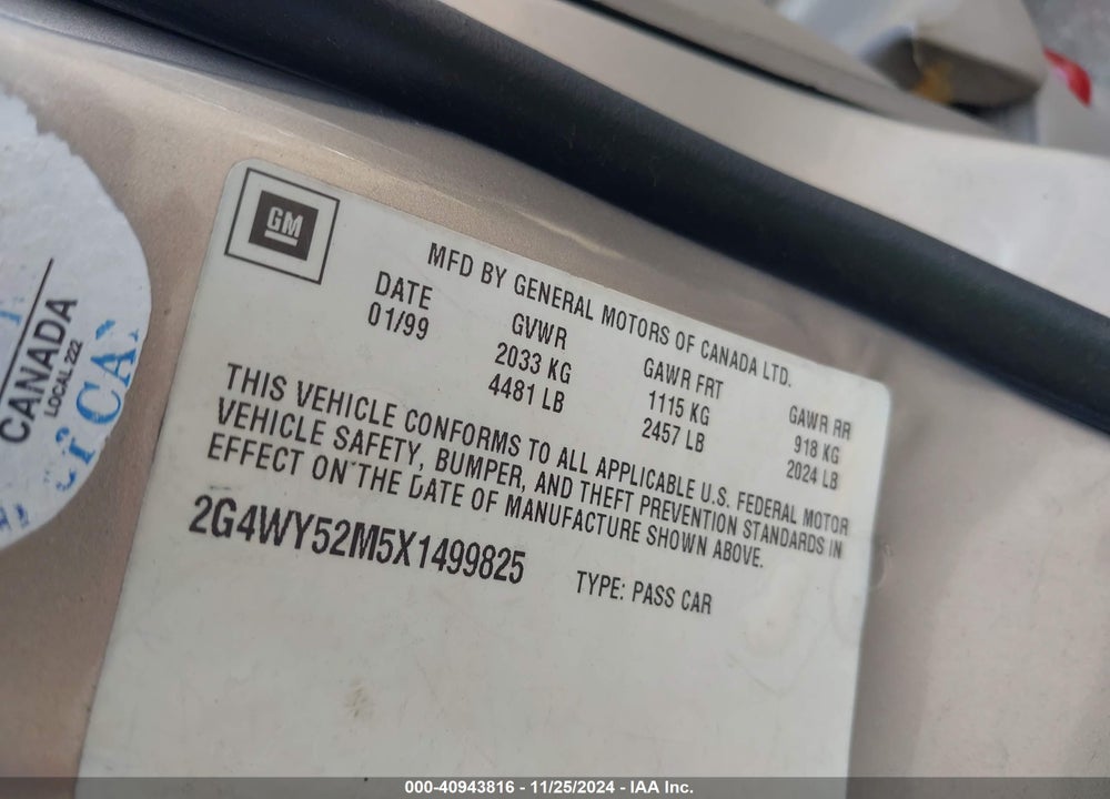 1999 BUICK CENTURY LIMITED VIN: 2G4WY52M5X1499825