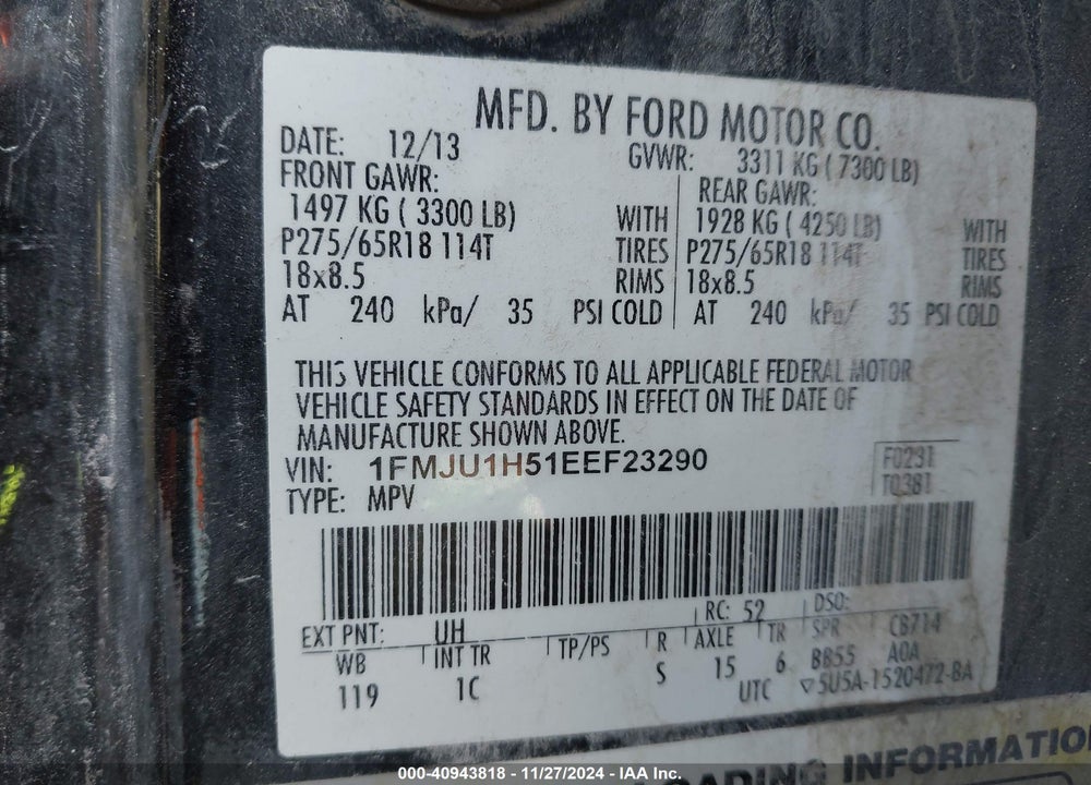 2014 FORD EXPEDITION XLT VIN: 1FMJU1H51EEF23290
