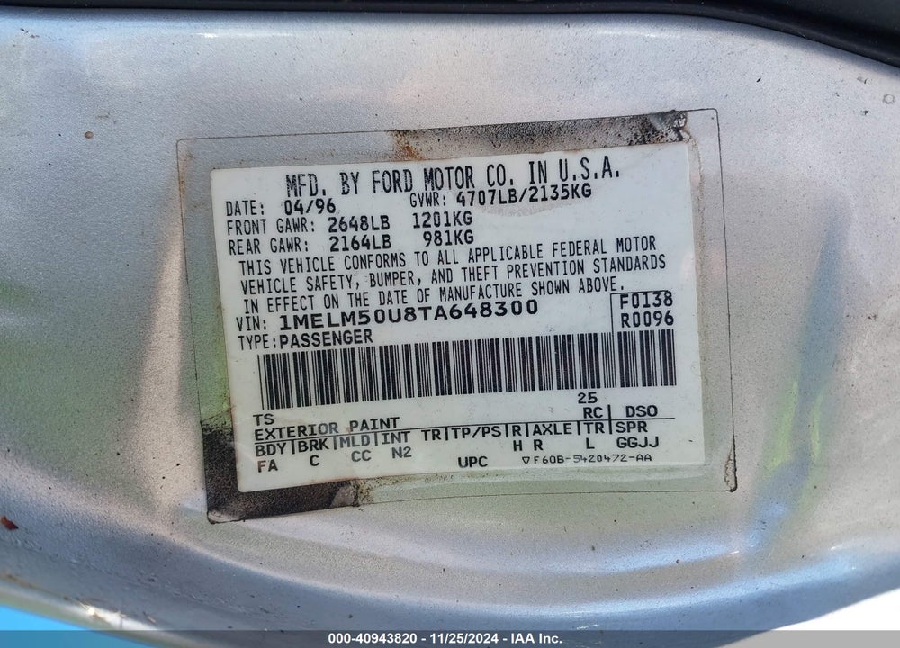 1996 MERCURY SABLE GS VIN: 1MELM50U8TA648300