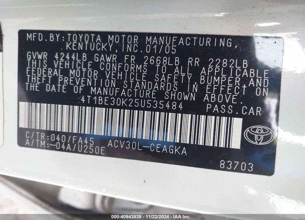 2005 TOYOTA CAMRY XLE VIN: 4T1BE30K25U535484