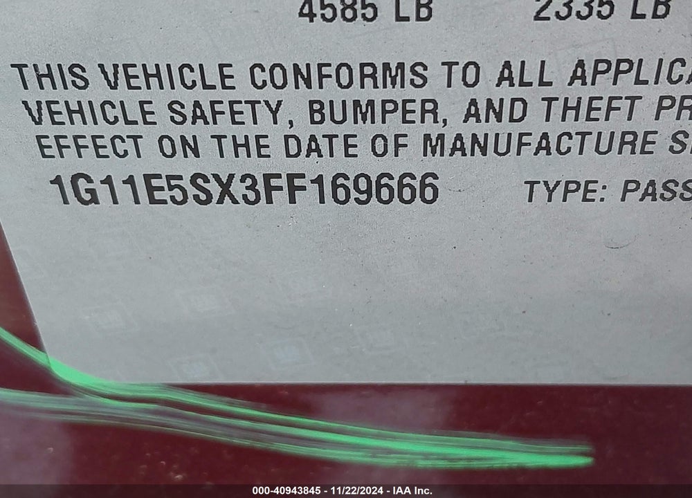 2015 CHEVROLET MALIBU 3LT VIN: 1G11E5SX3FF169666