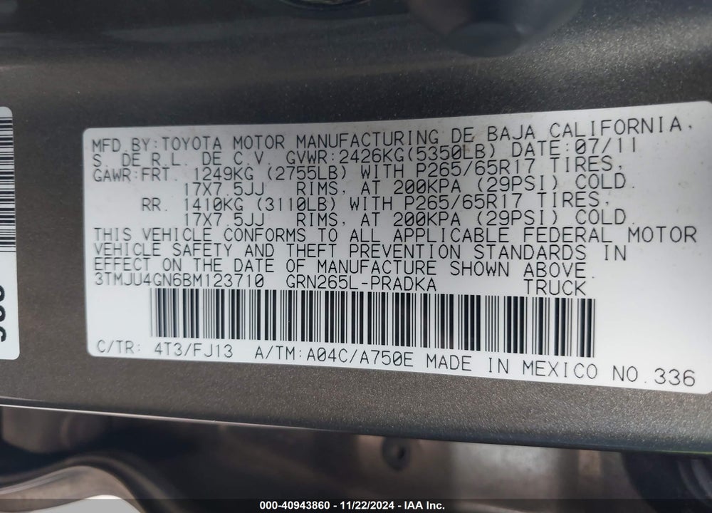 2011 TOYOTA TACOMA PRERUNNER V6 VIN: 3TMJU4GN6BM123710
