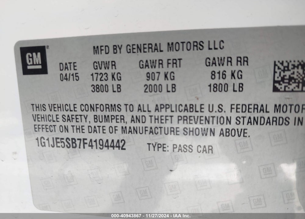 2015 CHEVROLET SONIC LTZ AUTO VIN: 1G1JE5SB7F4194442