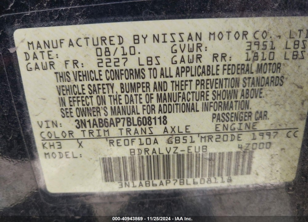 2011 NISSAN SENTRA 2.0SL VIN: 3N1AB6AP7BL608118