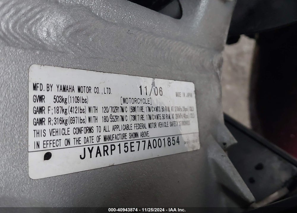 2007 YAMAHA FJR1300 VIN: JYARP15E77A001854