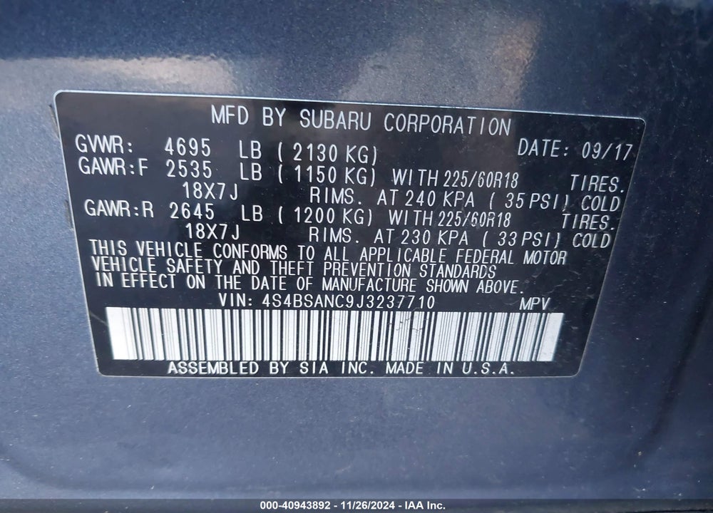 2018 SUBARU OUTBACK 2.5I LIMITED VIN: 4S4BSANC9J3237710